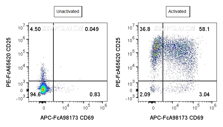 Human PBMCs were incubated for 3 days with soluble Anti-Human CD3 (OKT3) Mouse Recombinant Antibody (CT-1000-GMP) at 50 ng/mL (right) or cultured in media alone (left). 0.5x10^6 cells were then stained with Anti-Human CD3 (CL488-FcA65570), Anti-Human CD25 (PE-FcA65620), Anti-Human CD69 (APC-FcA98173), and Phantom Violet 450 Viability Dye (PD00004); cells were incubated with Fc Receptor Block (PF00029) prior to staining. Cells were gated on singlets, live (Phantom Dye-), and CD3+ lymphocytes.​