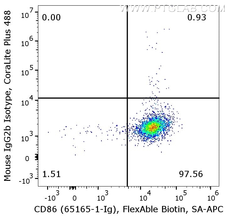 Flow Cyotometry of PBMC.  1X10^6 human PBMC were stained with anti-human CD86 antibody (65156-1-Ig) labeled with FlexAble Biotin Antibody Labeling Kit for Mouse IgG1 (KFA027) and Streptavidin-APC. The cells were co-stained with either mouse IgG2b isotype control or anti-human CD14 antibody (CL488-65246).  Cells are not fixed, Monocytes are gated. 