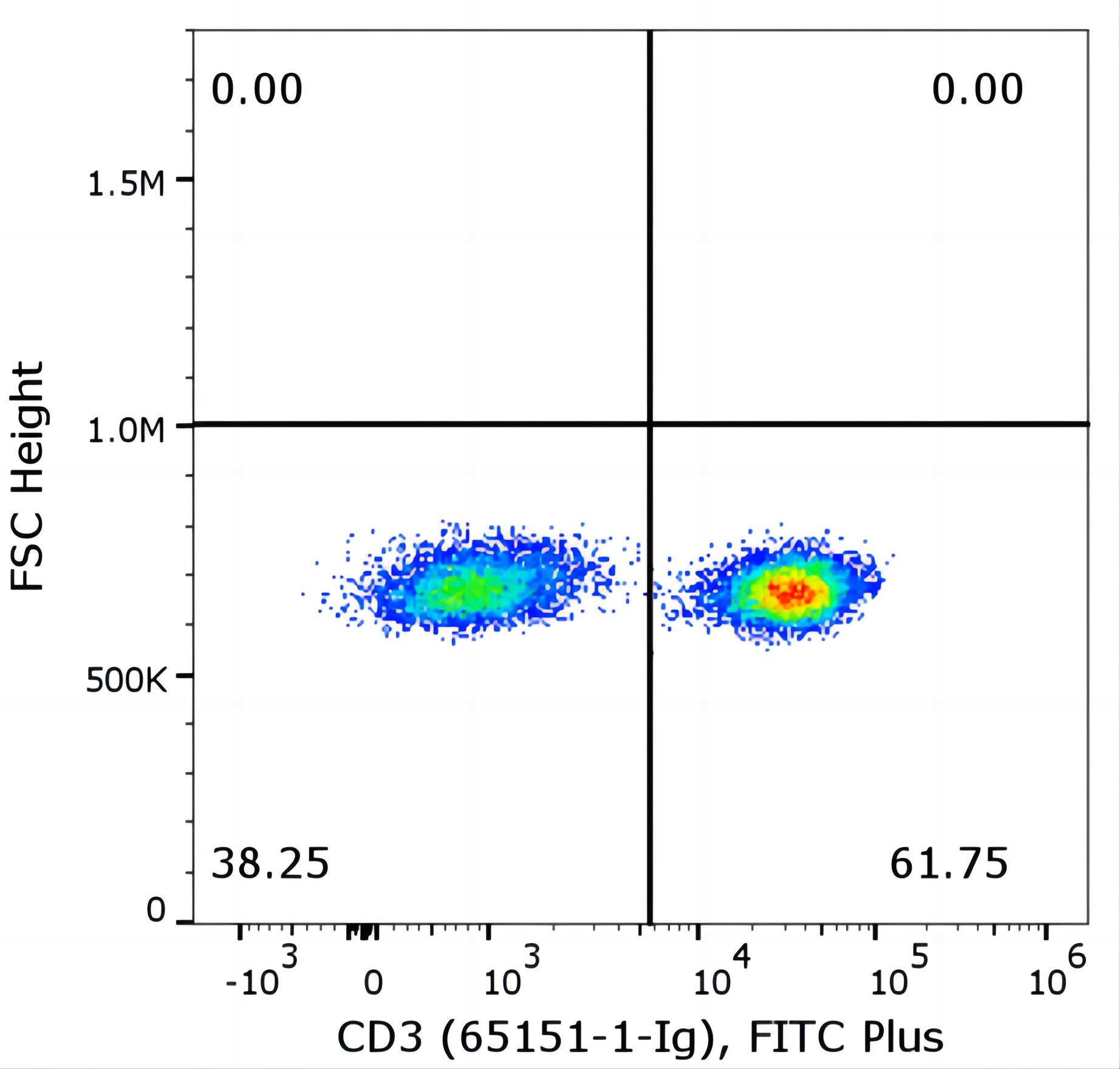Flow cytometry of PBMC. 1X10^6 human peripheral blood mononuclear cells (PBMCs) were stained with anti-human CD3 antibody (clone UCHT1, 65151-1-Ig) labeled with FlexAble FITC Plus Kit (KFA028).