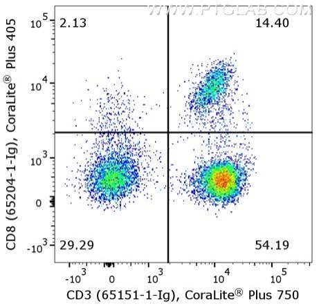 Flow cytometry of PBMC. 1X10^6 human peripheral blood mononuclear cells (PBMCs) were stained with anti-human CD3 (clone UCHT1, 65151-1-Ig) labeled with FlexAble CoraLite® Plus 750 Kit (KFA024) and anti-human CD8 (clone UCHT4, 65204-1-Ig) labeled with FlexAble CoraLite® Plus 405 Kit (KFA046).