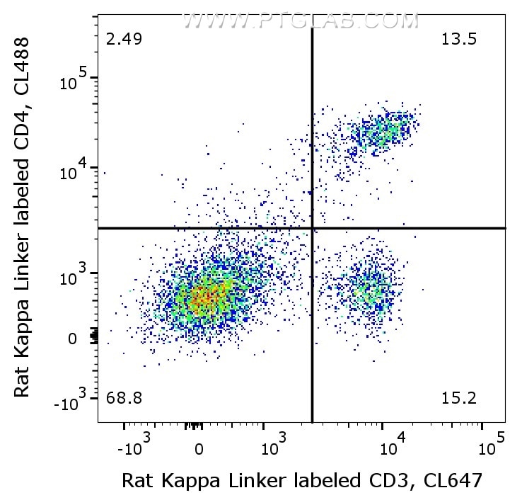 1X10^6 C57BL/6 mouse splenocytes were surface stained with 0.5µg rat anti-Mouse CD4 (65104-1-Ig, Clone: GK1.5) labeled with FlexAble CoraLite® Plus 488 Kit (KFA121) and 0.5µg rat anti-Mouse CD3 (65077-1-Ig, Clone: 17A2) labeled with FlexAble CoraLite® Plus 647 Kit (KFA123). Cells were not fixed.