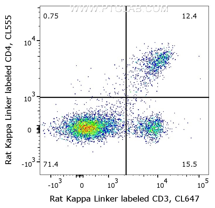 1X10^6 C57BL/6 mouse splenocytes were surface stained with 0.5µg rat anti-Mouse CD4 (65104-1-Ig, Clone: GK1.5) labeled with FlexAble CoraLite® Plus 555 Kit (KFA122) and 0.5µg rat anti-Mouse CD3 (65077-1-Ig, Clone: 17A2) labeled with FlexAble CoraLite® Plus 647 Kit (KFA123). Cells were not fixed.