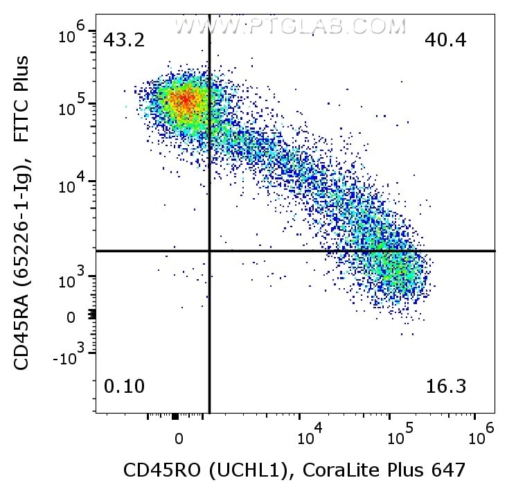 1X10^6 human PBMCs were surface co-stained with CoraLite® Plus 647 Anti-Human CD45RO (CL647-65150, Clone:UCHL1), and Anti-Human CD45RA (65226-1-Ig, Clone:F8-11-13) labeled with FlexAble 2.0 FITC Plus Kit (KFA528). Cells were not fixed. Lymphocytes were gated.