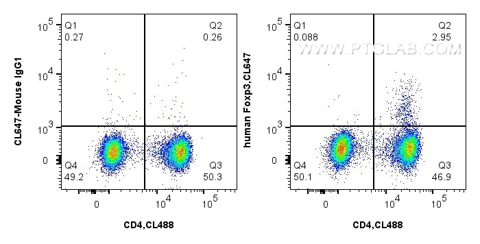 1x10^6 Human PBMCs were intracellularly stained with 5 ul APC Anti-human Foxp3, and 5 ul FcZero-rAb™ CoraLite® Plus 488 Anti-Human CD4 (CL488-FcA98042, Clone: 240427E12), and APC Mouse IgG1 Isotype Control (MOPC-21) (APC-65124, Clone: MOPC-21). Cells were fixed and permeabilized with Foxp3 Transcription Factor Staining Buffer Kit(PF00011).