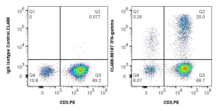 1x10^6 PMA, Ionomycin and Brefeldin A treated human PBMCs were intracellularly stained with 5 uL CoraLite® Plus 488 Anti-Human IFN-gamma Rabbit Recombinant Antibody (CL488-98187, Clone: 241390B10) or 5 uL CoraLite® Plus 488 Rabbit IgG Isotype Control Recombinant Antibody (CL488-98136, Clone: 240953C9) and 5uL PE Anti-Human CD3 (OKT3) Mouse IgG2a Recombinant Antibody (PE-65569, Clone: OKT3). Cells were fixed and permeabilized with Intracellular Flow Cytometry Fixation & Permeabilization Buffer Kit (PF00019)