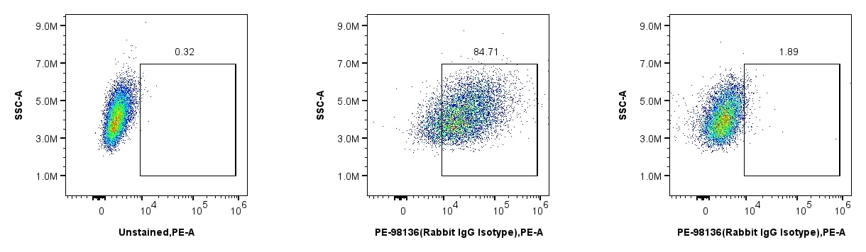 J774A.1 cells (mouse monocyte-macrophage cell line) were incubated with (right) and without (center) Mouse Fc Receptor Blocking Reagent, then incubated with PE-98136 (Rabbit IgG Isotype Control). Mouse Fc Receptor Blocking Reagent significantly reduces Fc-receptor mediated non-specific binding and improved signal-to-noise ratio.
