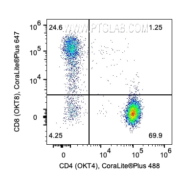1x10^6 Human PBMCs were stained with PK30007 Human T Cell Basics Panel. CD4 and CD8 expression on CD45+CD3+CD19- lymphocytes are shown. Cells were not fixed.