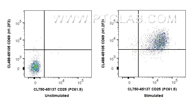 1x10^6 ConA stimulated (right) or unstimulated (left) mouse splenocytes were stained with PK30013 Mouse Activated T Cell Panel. CD25 and CD69 expression on CD3+ CD8+ T lymphocytes is shown. Cells were not fixed. 