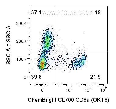 1x10^6 Human PBMCs were surface stained with 0.2 ug Anti-Human CD8a (65135-1-Ig, clone: OKT8) labeled with ChemBright CL700 Antibody Conjugation Kit (PK30037). Cells were not fixed. Cells were treated with Fc Receptor Block (PF00029) prior to staining. Lymphocytes and monocytes were gated. 1x10^6 Human PBMCs were surface stained with 0.2 ug Anti-Human CD8a (65135-1-Ig, clone: OKT8) labeled with ChemBright CL700 Antibody Conjugation Kit (PK30037). Cells were not fixed. Cells were treated with Fc Receptor Block (PF00029) prior to staining. Lymphocytes and monocytes were gated.