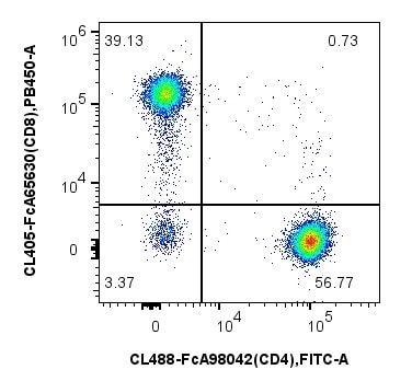 1x10^6 Human PBMCs were stained with PK30050 FcZero-rAb™ Human TBNK Basics Panel. CD4 and CD8 expression on CD3+/CD19- lymphocytes are shown. Cells were not fixed. 