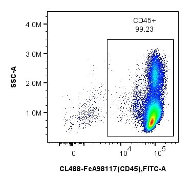 1 x 10^6 Human PBMCs were stained with PK30052 FcZero-rAb® Human B Cell Basics Panel. CD45+ cells are gated. Cells were not fixed.