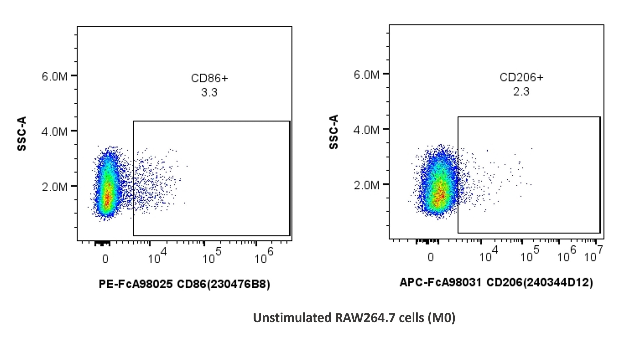 1x10^6 unstimulated RAW264.7 cells were stained with PK30055 FcZero-rAb® FcZero-rAb™ Mouse Macrophage Basics Panel. CD86 and CD206 expression on CD45+CD11b+F4/80+ cells is shown. Cells were not fixed.