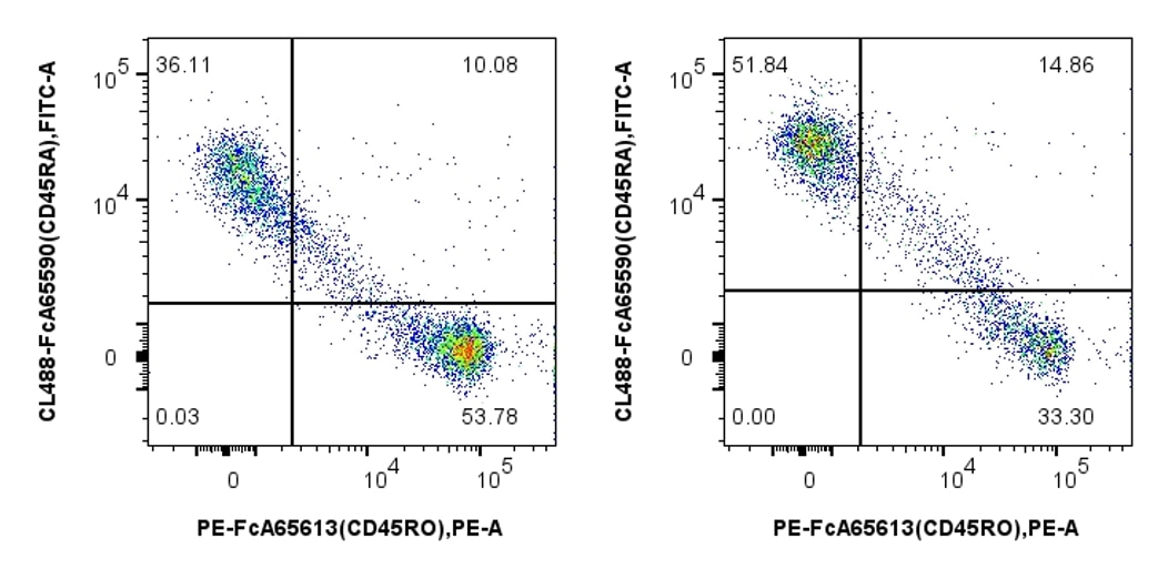 1x10^6 Human PBMCs were stained with PK30058 FcZero-rAb® Human Naïve/Memory T Cell Panel. CD45RA and CD45RO expression on CD3+CD4+ (left) and CD3+CD8+ (right) lymphocytes are shown. Cells were not fixed. 