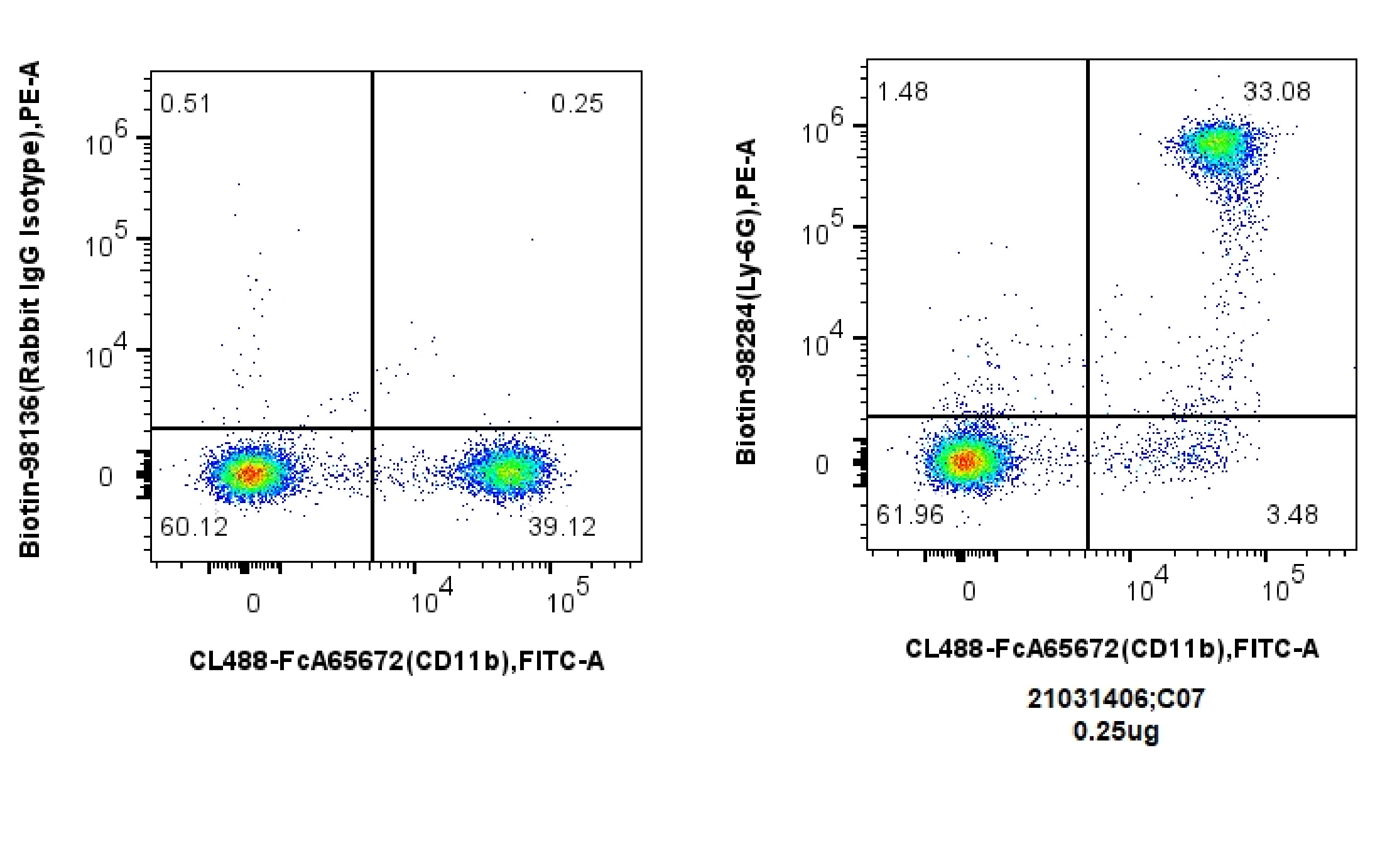 1x10^6 mouse bone marrow cells were surface stained with 0.25 ug Biotin Anti-Mouse Ly-6G Rabbit RecAb (Biotin-98284, Clone: 242141B11) or Biotin Rabbit IgG Isotype Control Recombinant Antibody (Biotin-98136, Clone: 240953C9), and PE-conjugated streptavidin (PE-PF00030), Cells were then stained with FcZero-rAb™ CL488 Anti-Mouse CD11b(CL488-FcA65672, Clone: M1/70), Cells were not fixed.