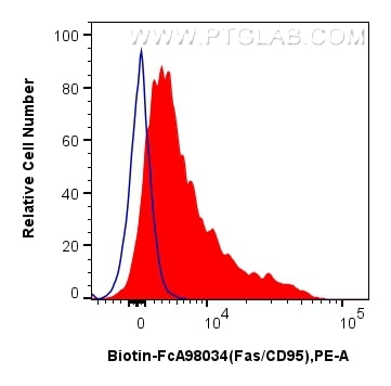 1x10^6 human PBMCs were surface stained with 0.25 ug Biotin Anti-Human Fas/CD95 Rabbit RecAb (Biotin-FcA98034, Clone: 240340E11) (red) or FcZero-rAb™ Biotin Rabbit IgG Isotype Control Recombinant Antibody (Biotin-FcA98136, Clone: 240953C9) (blue), and PE Streptavidin. Cells were not fixed. Lymphocytes were gated. Flow cytometry (FC) experiment of human PBMCs using FcZero-rAb™ Biotin Anti-Human Fas/CD95 Rabbit Reco (Biotin-FcA98034)