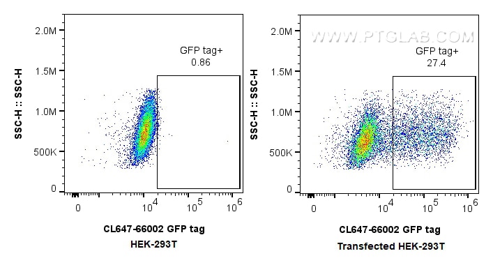 Flow cytometry (FC) experiment of Transfected HEK-293T cells using CoraLite® Plus 647-conjugated GFP tag Monoclonal a (CL647-66002)
