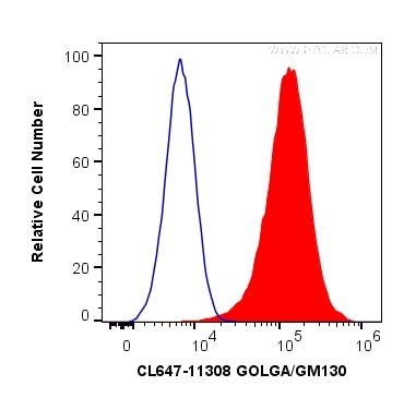 Flow cytometry (FC) experiment of HeLa cells using CoraLite® Plus 647-conjugated GOLGA2/GM130 Polyclo (CL647-11308)