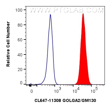 FC experiment of HepG2 using CL647-11308 Flow cytometry (FC) experiment of HepG2 cells using CoraLite® Plus 647-conjugated GOLGA2/GM130 Polyclo (CL647-11308)