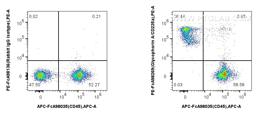 1x10^6 mouse bone marrow cells were surface stained with FcZero-rAb™ APC Anti-Mouse CD45, and 0.1 ug PE Anti-Mouse Glycophorin A/CD235a Rabbit RecAb (PE-FcA98269, Clone: 242129D10) or 0.1 ug PE Rabbit IgG Isotype Control RecAb (PE-FcA98136, Clone: 240953C9). Cells were not fixed. Flow cytometry (FC) experiment of mouse bone marrow using FcZero-rAb™ PE Anti-Mouse Glycophorin A/CD235a Rab (PE-FcA98269)