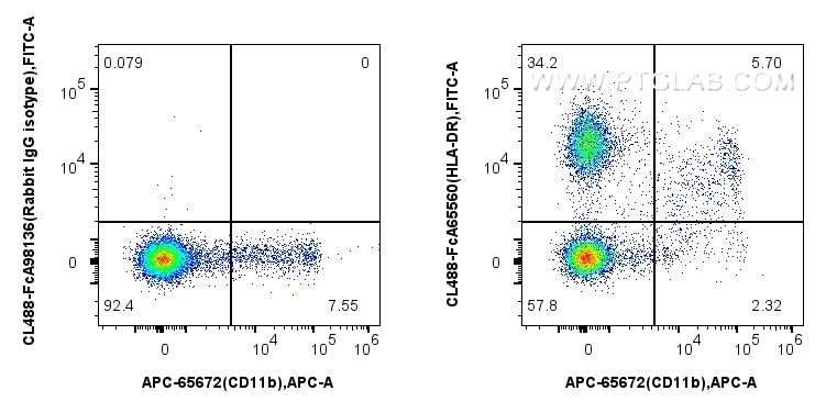 1x10^6 cynomolgus PBMCs were surface stained with APC Anti-Mouse CD11b (M1/70) Rat IgG2a Recombinant Antibody (APC-65672, Clone: M1/70), and 5 ul CoraLite® Plus 488 Anti-Human HLA-DR (L243) Rabbit IgG RecAb (CL488-FcA65560, Clone: L243) or Rabbit IgG Isotype Control RecAb (CL488-FcA98136, Clone: 240953C9). Cells were not fixed. Flow cytometry (FC) experiment of Cnyo PBMCs using FcZero-rAb™ CoraLite® Plus 488 Anti-Human HLA-DR ( (CL488-FcA65560)