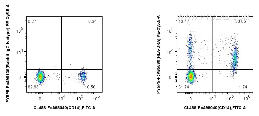1x10^6 human PBMCs were surface stained with 5 ul FcZero-rAb™ CoraLite® Plus 488 Anti-Human CD14 Rabbit Recombinant Antibody (CL488-FcA98040, Clone: 230332D7), and 5 ul PE-Cyanine5.5 Anti-Human HLA-DR (L243) Rabbit IgG RecAb (PY5P5-FcA65560, Clone: L243) or FcZero-rAb™ PE-Cyanine5.5 Rabbit IgG Isotype Control Recombinant Antibody (PY5P5-FcA98136, Clone: 240953C9). Cells were not fixed. Flow cytometry (FC) experiment of human PBMCs using FcZero-rAb™ PE-Cyanine5.5 Anti-Human HLA-DR (L243 (PY5P5-FcA65560)
