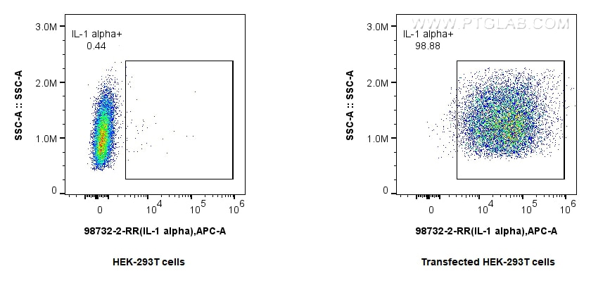 1x10^6 HEK-293T cells or IL-1 alpha transfected HEK-293T cells were stained with 0.25 ug Anti-Rat IL-1 alpha Rabbit RecAb (98732-2-RR, Clone: 251278D7) and APC-Conjugated Goat Anti-Rabbit IgG(H+L). Cells were fixed with 4% PFA and permeabilized with Flow Cytometry Perm Buffer (PF00017). This data was developed using the same antibody clone with 98732-2-PBS in a different storage buffer formulation. Flow cytometry (FC) experiment of Transfected HEK-293T cells using Anti-Rat IL-1 alpha Rabbit Recombinant Antibody (98732-2-RR)