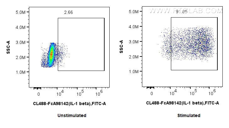FC experiment of human PBMCs using CL488-FcA98142 Flow cytometry (FC) experiment of human PBMCs using FcZero-rAb® CoraLite® Plus 488 Anti-Human IL-1 bet (CL488-FcA98142)
