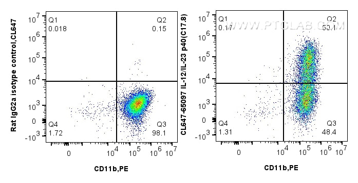 Flow cytometry (FC) experiment of mouse peritoneal macrophages using CoraLite® Plus 647 Anti-Mouse IL-12/IL-23 p40 (C17 (CL647-65097)