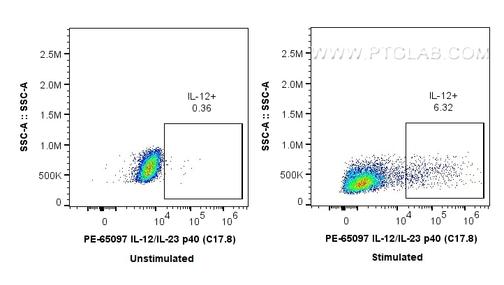 Flow cytometry (FC) experiment of Balb/c mouse peritoneal macrophages using PE Anti-Mouse IL-12/IL-23 p40 (C17.8) (PE-65097)