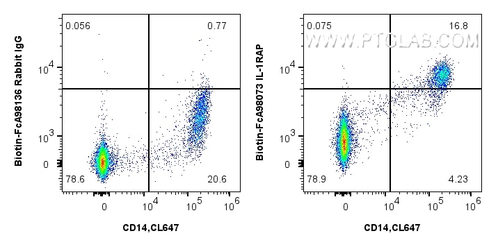 FC experiment of human PBMCs using Biotin-FcA98073 Flow cytometry (FC) experiment of human PBMCs using FcZero-rAb® Biotin Anti-Human IL-1RAP Rabbit Recom (Biotin-FcA98073)