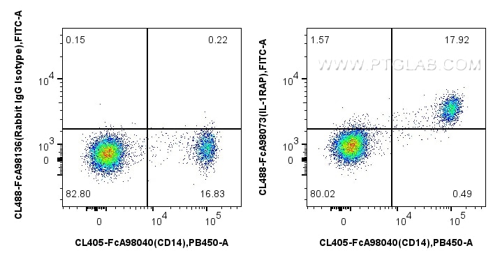 FC experiment of human PBMCs using CL488-FcA98073 Flow cytometry (FC) experiment of human PBMCs using FcZero-rAb® CoraLite® Plus 488 Anti-Human IL-1RAP (CL488-FcA98073)