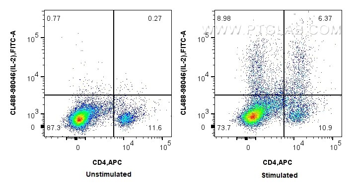 Flow cytometry (FC) experiment of rat splenocytes cells using CoraLite® Plus 488 Anti-Rat IL-2 Rabbit Recombinan (CL488-98046)
