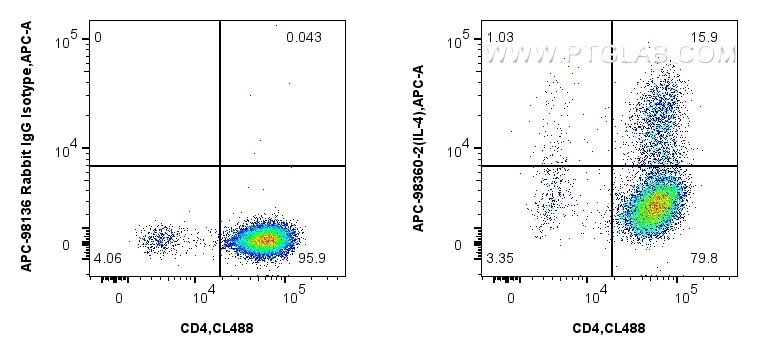 1x10^6 PMA, Ionomycin and Brefeldin A treated C57BL/6 Th2-polarized splenocytes were intracellularly stained with CoraLite® Plus 488 Anti-Mouse CD4, and 0.06 ug APC Anti-Mouse IL-4 Rabbit RecAb (APC-98360-2, Clone: 242736G8) or APC Rabbit IgG Isotype Control RecAb (APC-98136, Clone: 240953C9). Cells were fixed and permeabilized with Intracellular Flow Cytometry Fixation & Permeabilization Buffer Kit (PF00019). Flow cytometry (FC) experiment of C57BL/6 Th2-polarized splenocytes using APC Anti-Mouse IL-4 Rabbit Recombinant Antibody (APC-98360-2)
