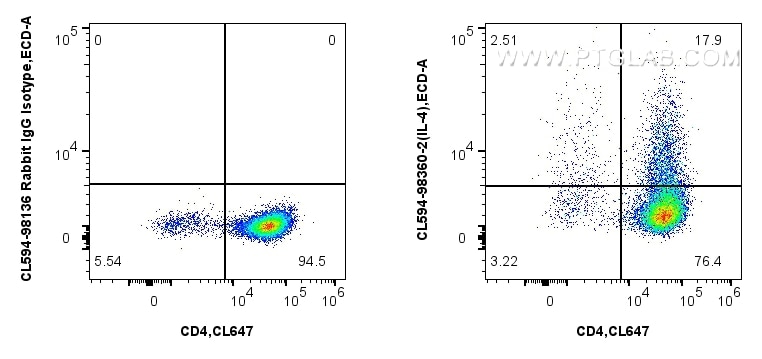 1x10^6 PMA, Ionomycin and Brefeldin A treated C57BL/6 Th2-polarized splenocytes were intracellularly stained with CoraLite® Plus 647 Anti-Mouse CD4, and 0.25 ug CoraLite®594 Anti-Mouse IL-4 Rabbit RecAb (CL594-98360-2, Clone: 242736G8) or CoraLite®594 Rabbit IgG Isotype Control RecAb (CL594-98136, Clone: 240953C9). Cells were fixed and permeabilized with Intracellular Flow Cytometry Fixation & Permeabilization Buffer Kit (PF00019). Flow cytometry (FC) experiment of C57BL/6 Th2-polarized splenocytes using CoraLite®594 Anti-Mouse IL-4 Rabbit Recombinant An (CL594-98360-2)