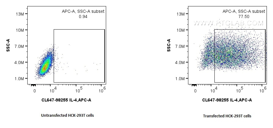Flow cytometry (FC) experiment of Transfected HEK-293T cells using CoraLite® Plus 647 Anti-Rat IL-4 Rabbit Recombinan (CL647-98255)