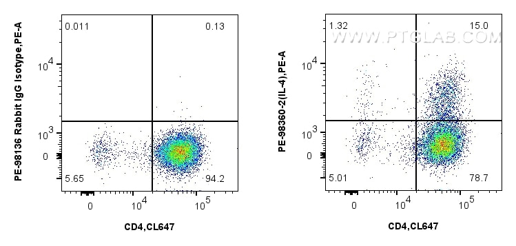 1x10^6 PMA, Ionomycin and Brefeldin A treated C57BL/6 Th2-polarized splenocytes were intracellularly stained with CoraLite® Plus 647 Anti-Mouse CD4, and 0.06 ug PE Anti-Mouse IL-4 Rabbit RecAb (PE-98360-2, Clone: 242736G8) or PE Rabbit IgG Isotype Control RecAb (PE-98136, Clone: 240953C9). Cells were fixed and permeabilized with Intracellular Flow Cytometry Fixation & Permeabilization Buffer Kit (PF00019). Flow cytometry (FC) experiment of C57BL/6 Th2-polarized splenocytes using PE Anti-Mouse IL-4 Rabbit Recombinant Antibody (PE-98360-2)