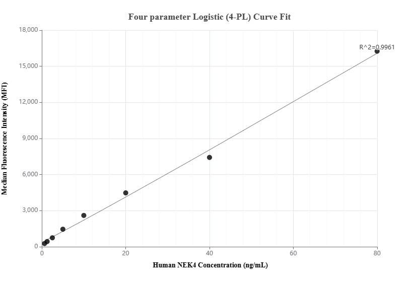 Cytometric bead array standard curve of MP01486-1, NEK4 Recombinant Matched Antibody Pair, PBS Only. Capture antibody: 84654-2-PBS. Detection antibody: 84654-3-PBS. Standard: Ag34929. Range: 0.625-80 ng/mL.