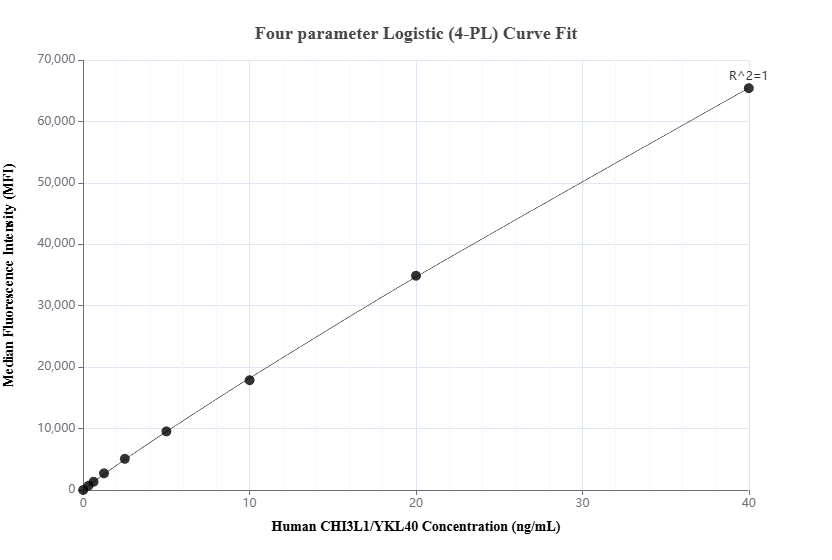 Cytometric bead array standard curve of MP00663-4, CHI3L1/YKL40 Recombinant Matched Antibody Pair, PBS Only. Capture antibody: 83685-6-PBS. Detection antibody: 83685-5-PBS. Standard: Eg4992. Range: 0.312-40 ng/mL.