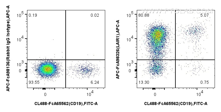 FC experiment of human PBMCs using APC-FcA98326 Flow cytometry (FC) experiment of human PBMCs using FcZero-rAb™ APC Anti-Human LAIR1 Rabbit Recombinan (APC-FcA98326)