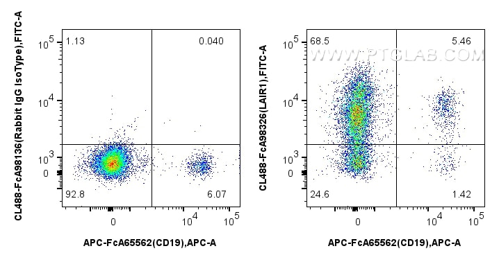 Flow cytometry (FC) experiment of human PBMCs using FcZero-rAb® CoraLite® Plus 488 Anti-Human LAIR1 Ra (CL488-FcA98326)