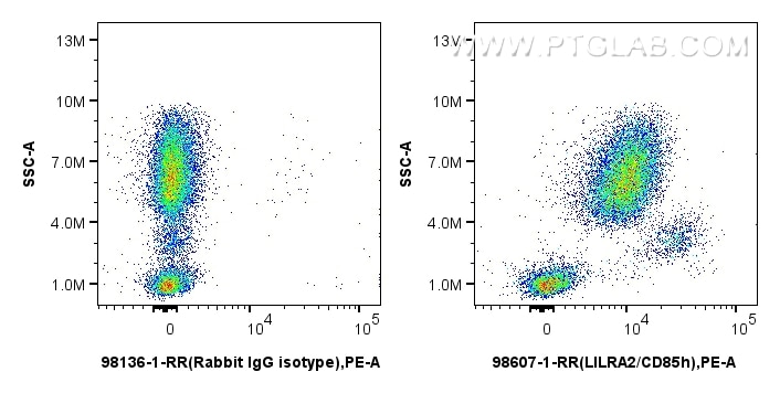 Flow cytometry (FC) experiment of human peripheral blood leukocytes using Anti-Human LILRA2/CD85h Rabbit Recombinant Antibod (98607-1-RR)