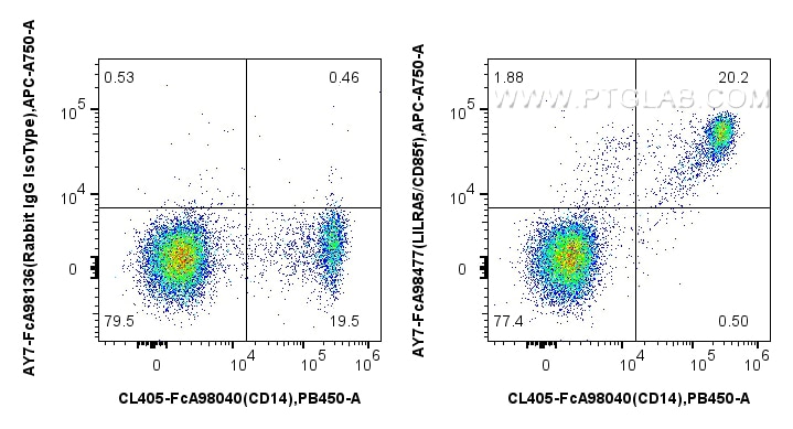 Flow cytometry (FC) experiment of human PBMCs using FcZero-rAb® APC-Cyanine7 Anti-Human LILRA5/CD85f R (AY7-FcA98477)