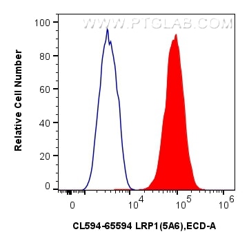 1x10^6 U-87 MG cells were surface stained with 5 ul CoraLite®594 Anti-Human LRP1 (5A6) Mouse IgG2a RecAb (CL594-65594, Clone:5A6) (red) or CoraLite®594 Mouse IgG2a Isotype Control (C1.18.4) (CL594-65208, Clone: C1.18.4) (blue). Cells were not fixed. Flow cytometry (FC) experiment of U-87 MG cells using CoraLite®594 Anti-Human LRP1 (5A6) Mouse IgG2a Rec (CL594-65594)