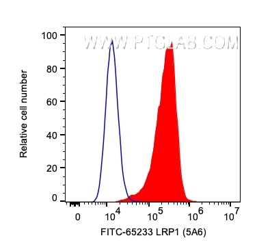 Flow cytometry (FC) experiment of U-87 MG cells using FITC Plus Anti-Human LRP1 (5A6) (FITC-65233)