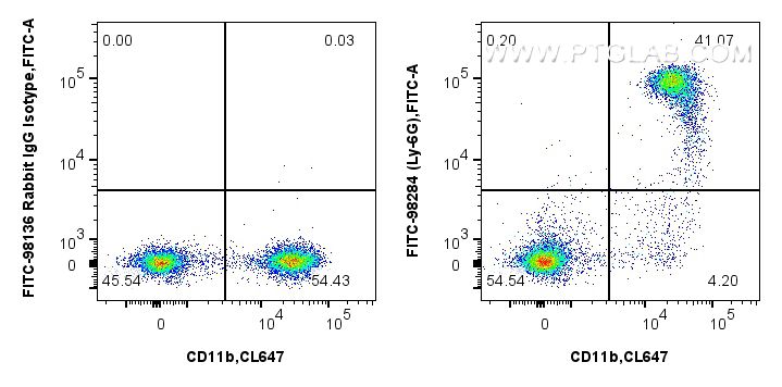 Flow cytometry (FC) experiment of mouse bone marrow cells using FITC Plus Anti-Mouse Ly-6G Rabbit Recombinant Anti (FITC-98284)