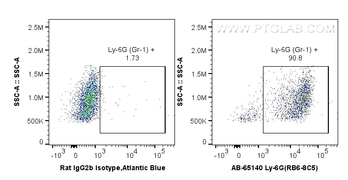 Flow cytometry (FC) experiment of mouse bone marrow cells using Atlantic Blue™ Anti-Mouse Ly-6G/Ly-6C (Gr-1) (RB6- (AB-65140)