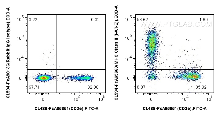 1x10^6 mouse splenocytes were surface stained with FcZero-rAb™ CoraLite® Plus 488 Anti-Mouse CD3e (145-2C11), and 0.25 ug CoraLite®594 Anti-Mouse MHC Class II (I-A/I-E) (M5/114.15.2) Rabbit IgG RecAb (CL594-FcA65663, Clone: M5/114.15.2) or CoraLite®594 Rabbit IgG Isotype Control RecAb (CL594-FcA98136, Clone: 240953C9). Cells were not fixed. Flow cytometry (FC) experiment of mouse splenocytes using FcZero-rAb™ CoraLite®594 Anti-Mouse MHC Class II ( (CL594-FcA65663)