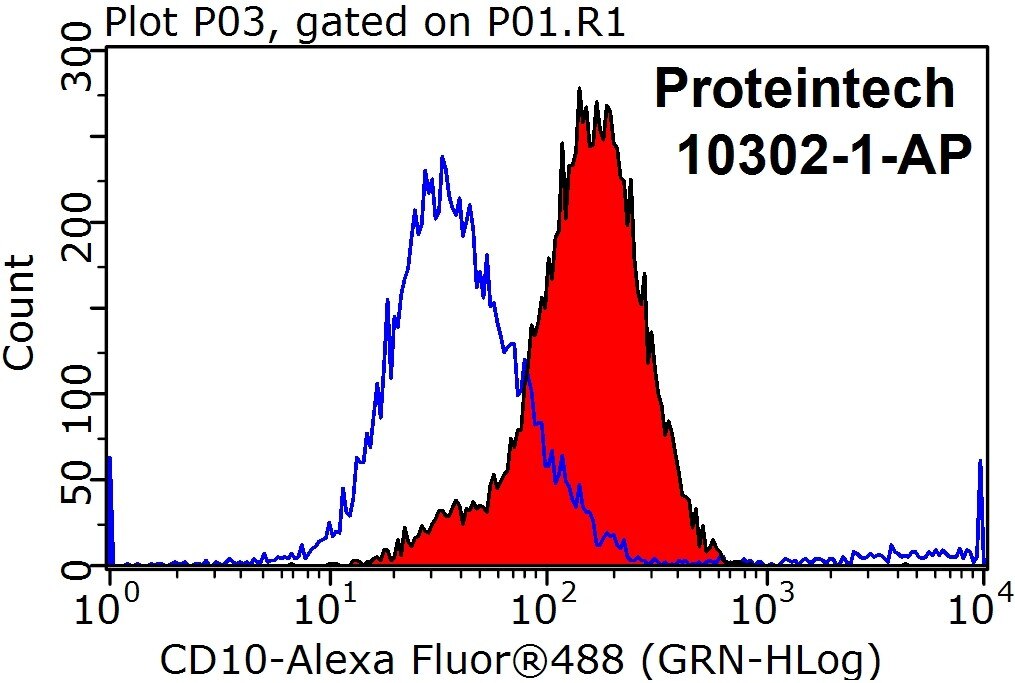 Flow cytometry (FC) experiment of Jurkat cells using MME,CD10 Polyclonal antibody (10302-1-AP)