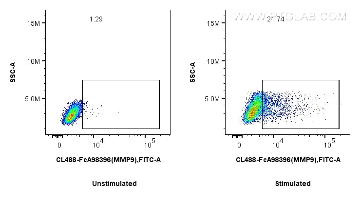 Flow cytometry (FC) experiment of RAW 264.7 cells using FcZero-rAb® CoraLite® Plus 488 Anti-Mouse MMP9 Rab (CL488-FcA98396)