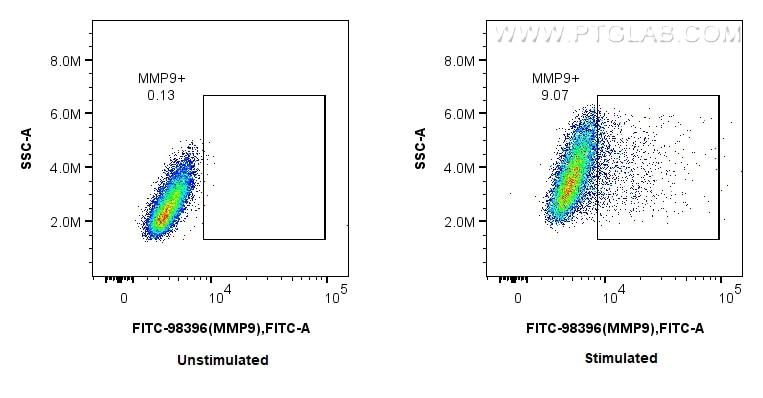 Flow cytometry (FC) experiment of RAW 264.7 cells using FITC Plus Anti-Mouse MMP9 Rabbit Recombinant Antib (FITC-98396)